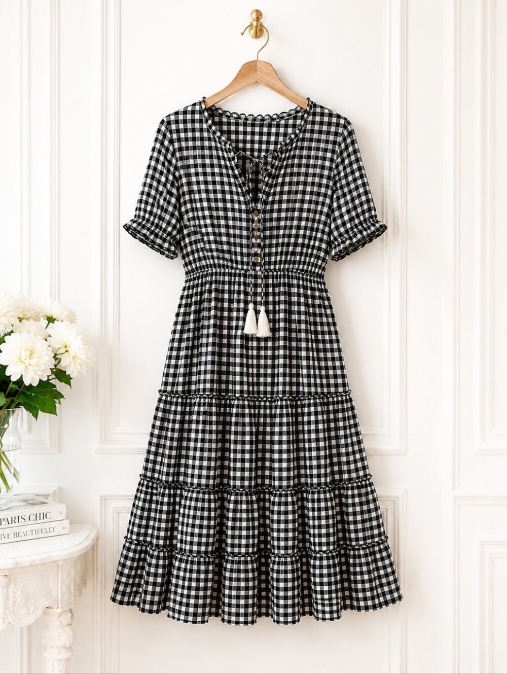 Seasty | Black & White Gingham Tiered Midi Dress | Size Medium | Cottagecore - Picture 5 of 9
